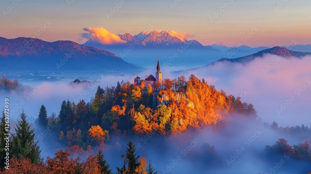 Fototapeta premium Majestic Autumnal Castle above the Clouds