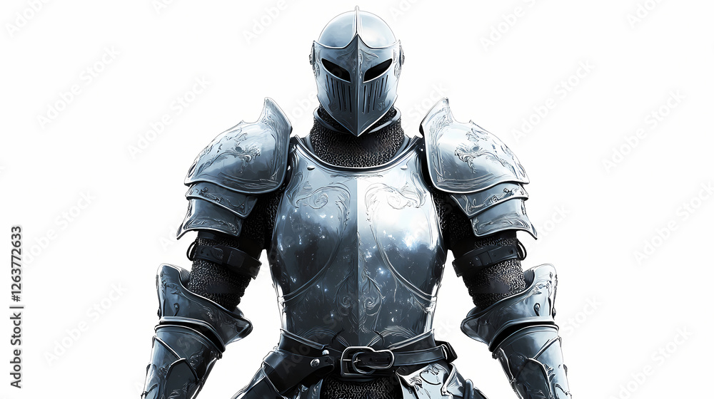 A powerful knight in shining armor stands confidently, transparent background, white background. Nebula-Infused Armor. Illustration