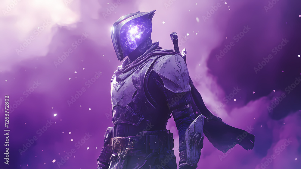 A stoic warrior in detailed armor with a crest helmet standing under dramatic lighting in a minimalist scene. Nebula-Infused Armor. Illustration A stoic warrior in detailed armor with a crest helmet standing under dramatic lighting in a minimalist scene. Nebula-Infused Armor. Illustration