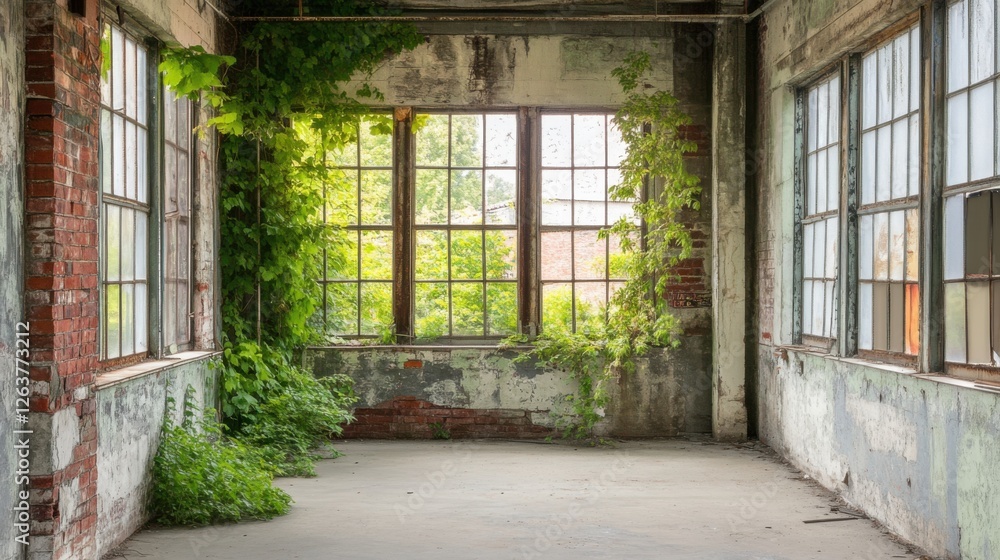 Abandoned Industrial Space with Green Vines and Natural Light Abandoned Industrial Space with Green Vines and Natural Light