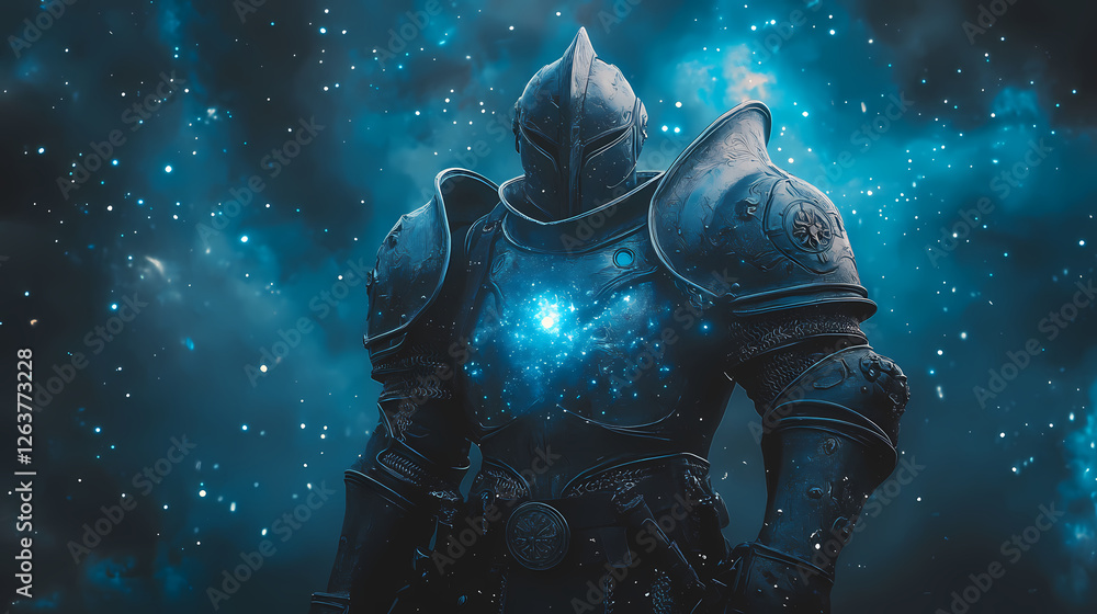 Fototapeta premium Background of brave knight and big muscle with armor covering the body. Nebula-Infused Armor. Illustration