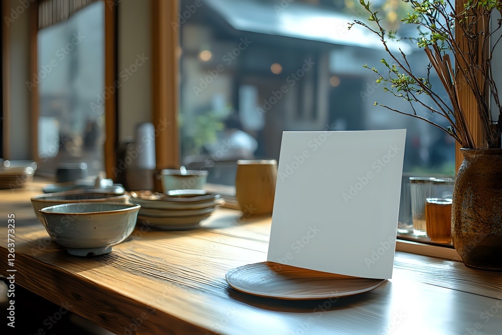 Empty white card on wooden table in cafe setting with ceramic bowls and natural decor, soft bokeh background creates atmospheric dining ambiance. Empty white card on wooden table in cafe setting with ceramic bowls and natural decor, soft bokeh background creates atmospheric dining ambiance.