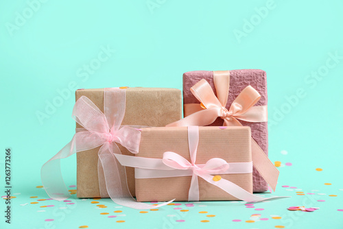 Three wrapped gift boxes wi...