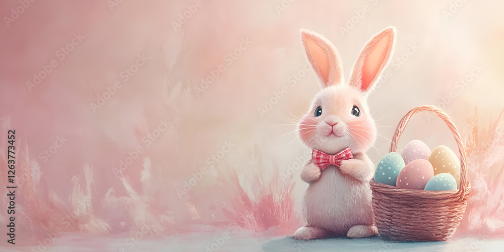 Obraz premium Cute Bunny with a Bowtie and a Basket of Eggs for Easter Celebration