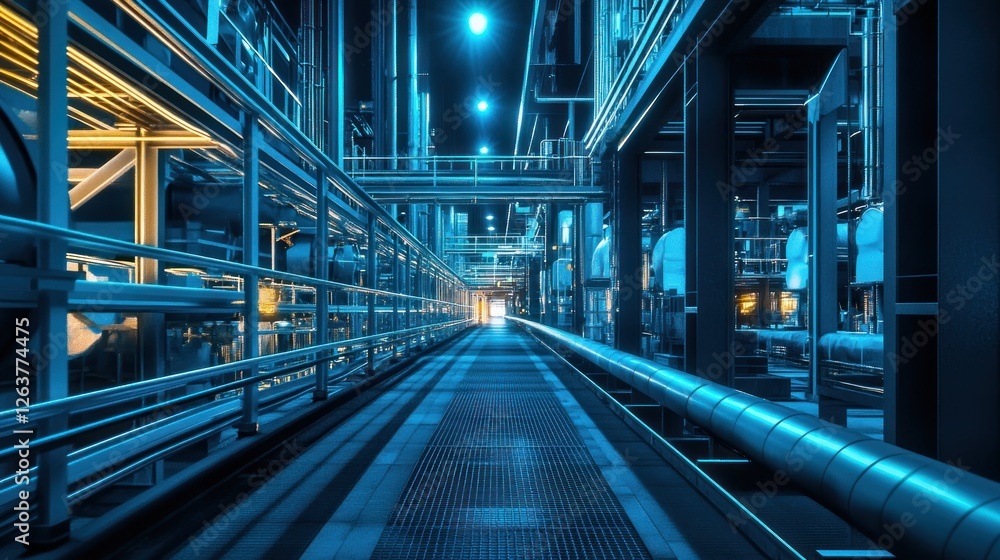 Obraz premium Industrial Night Scene: A captivating view of a modern industrial facility at night, showcasing intricate metal structures, pipelines, and walkways bathed in electric blue light.