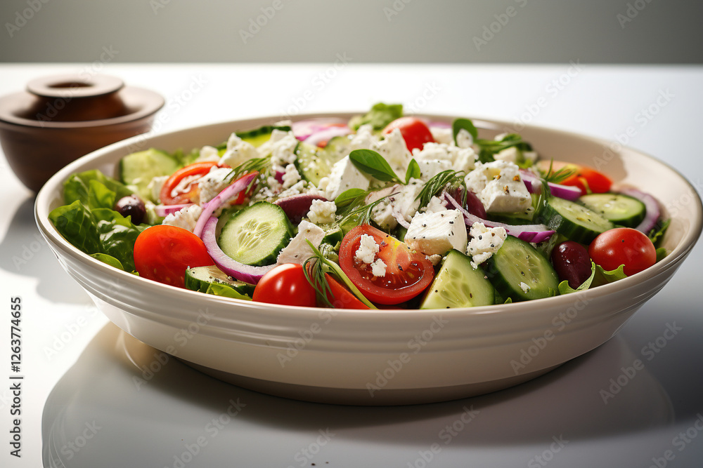 Salad with fresh vegetables and feta in a white enviroment Salad with fresh vegetables and feta in a white enviroment