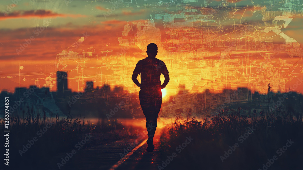 Fototapeta premium runner silhouette against vibrant sunrise, symbolizing determination and hope