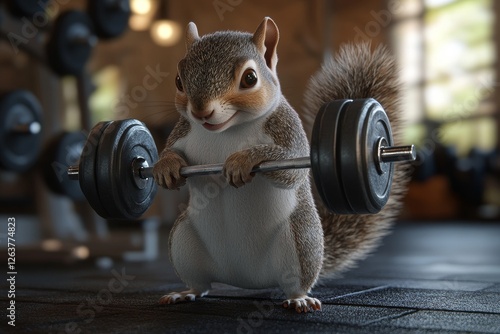 With a steely resolve, a squirrel holds a set of weights, posing for the camera in a humorous and unexpected illustration of athletic prowess photo