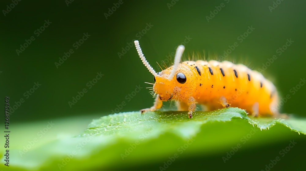 Orange caterpillar with black stripes crawling on green leaf in macro photography. Natural light highlights tiny hairs and details against blurred background. Orange caterpillar with black stripes crawling on green leaf in macro photography. Natural light highlights tiny hairs and details against blurred background.