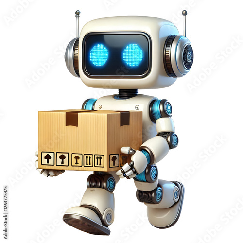 Cute 3D robot carrying a box isolated on white background