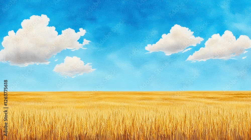 Obraz premium Golden Wheat Field Under Bright Blue Sky with Puffy Clouds in Scenic Rural Landscape