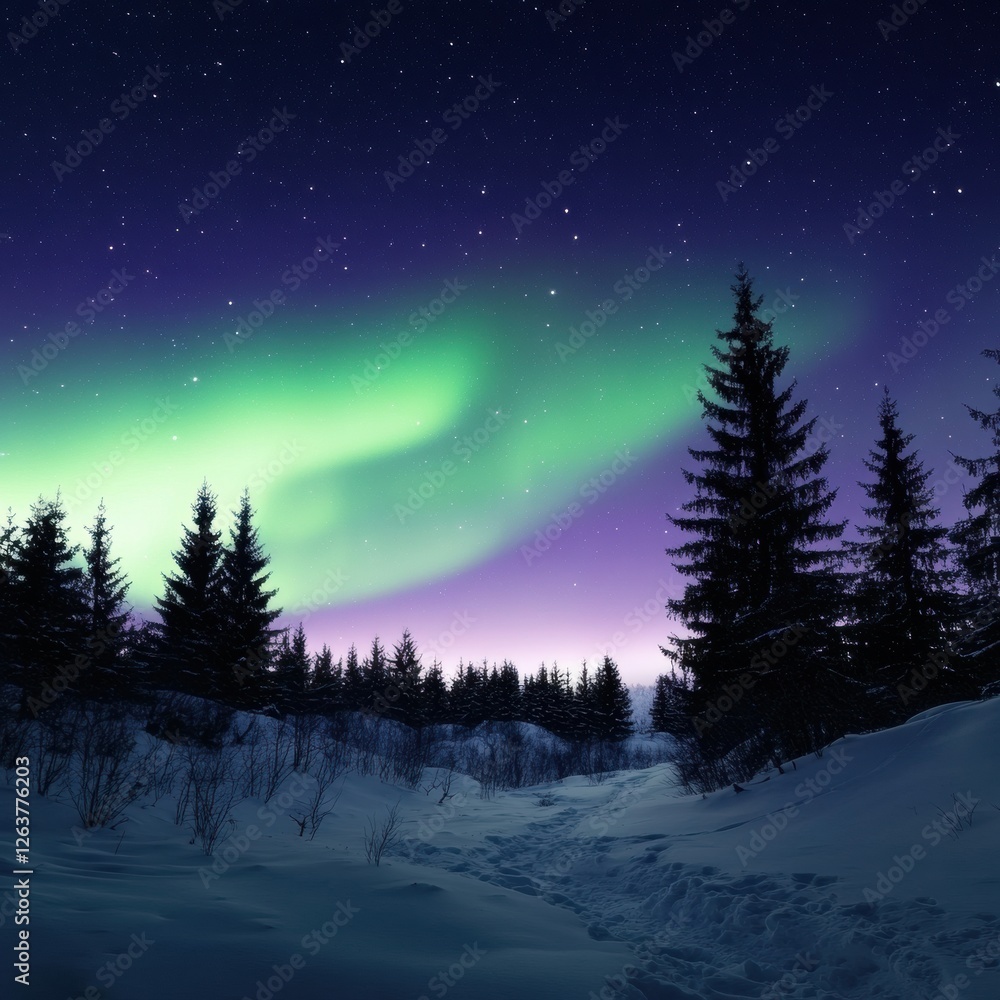 Fototapeta premium Majestic northern lights illuminate a winter landscape with snow covered trees in a serene night sky. Generative AI