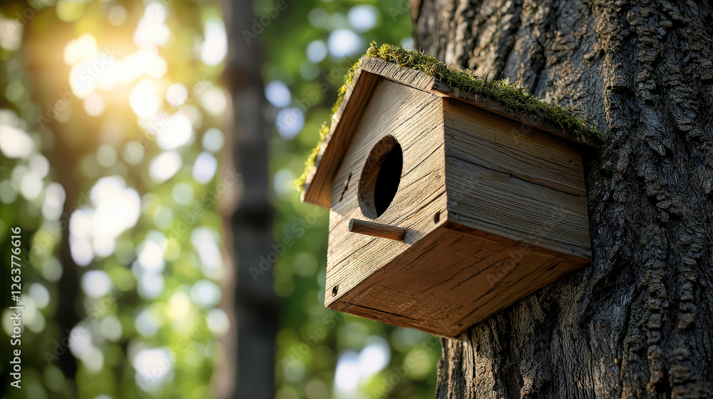 Rustic wooden birdhouse attached to a tree, with moss on the roof, surrounded by soft natural light in a serene forest setting, evoking tranquility and nature's beauty Rustic wooden birdhouse attached to a tree, with moss on the roof, surrounded by soft natural light in a serene forest setting, evoking tranquility and nature's beauty