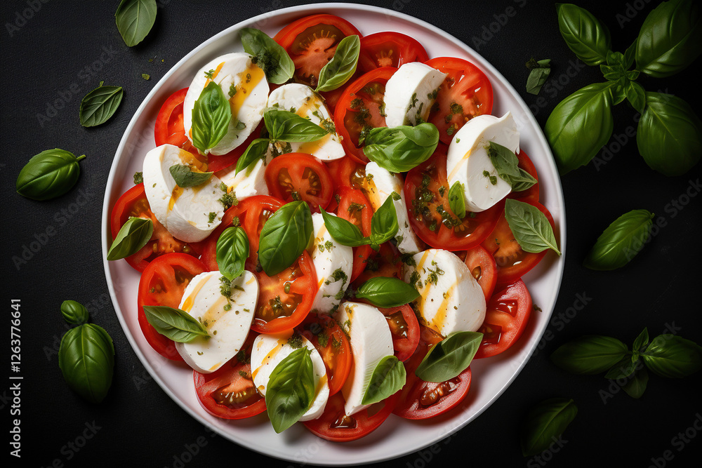 Delicious caprese salad with ripe colorful tomatoes and mozzarella cheese with fresh basil leaves. Delicious caprese salad with ripe colorful tomatoes and mozzarella cheese with fresh basil leaves.