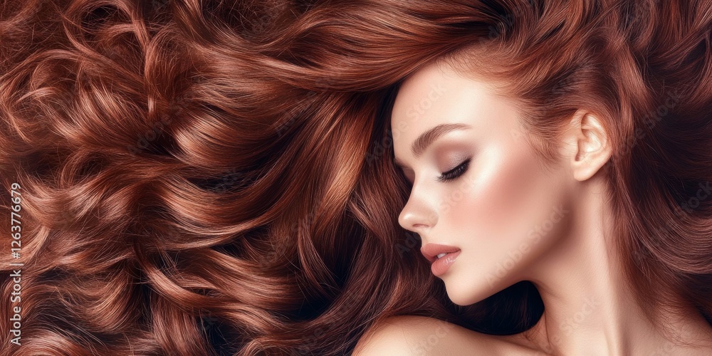 Obraz premium Captivating profile of a woman with flowing, vibrant red hair set against a dark background