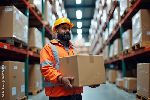 Warehouse Worker in Safety Gear Handles Box Among Stacks of Cardboard in Busy Storage Facility, Demonstrating Professionalism and Diligence in Logistics Operations photo