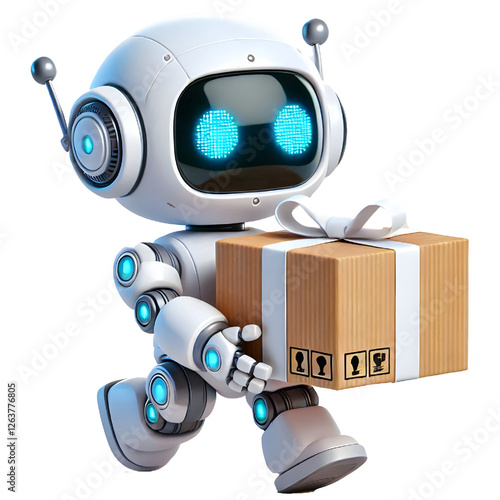 Cute 3D robot carrying a box isolated on white background