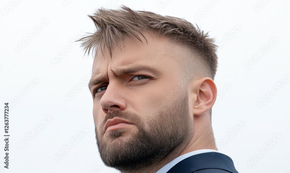 Obraz premium Confident Young Businessman with Short Hair in Suit Posing Against a Soft Sky Background for Professional and Corporate Imagery