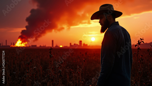 A farmer looks desolately at his fields burned by global warming against the backdrop of an apocalyptic city burning photo