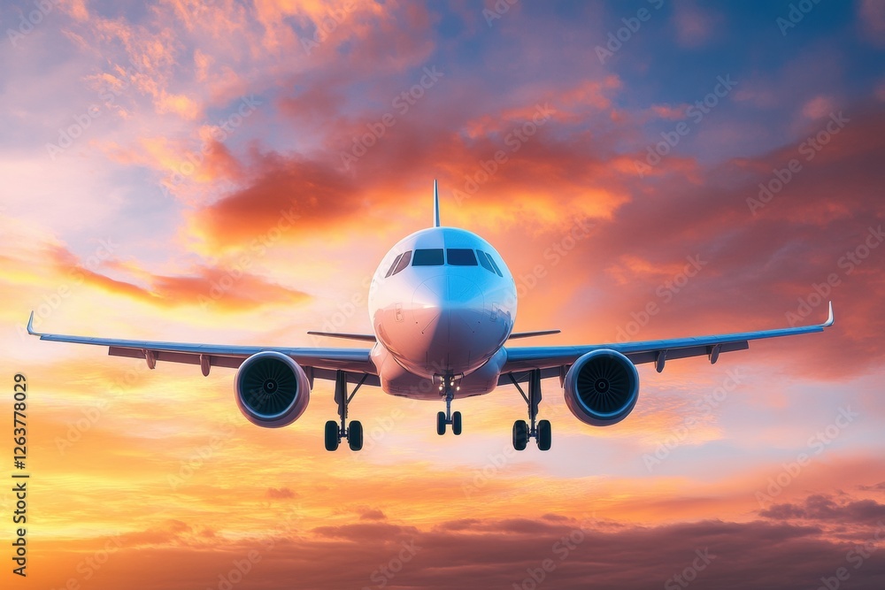 Airplane approaches landing during a colorful sunset over the horizon in a serene sky for evening travel and adventure. Generative AI Airplane approaches landing during a colorful sunset over the horizon in a serene sky for evening travel and adventure. Generative AI