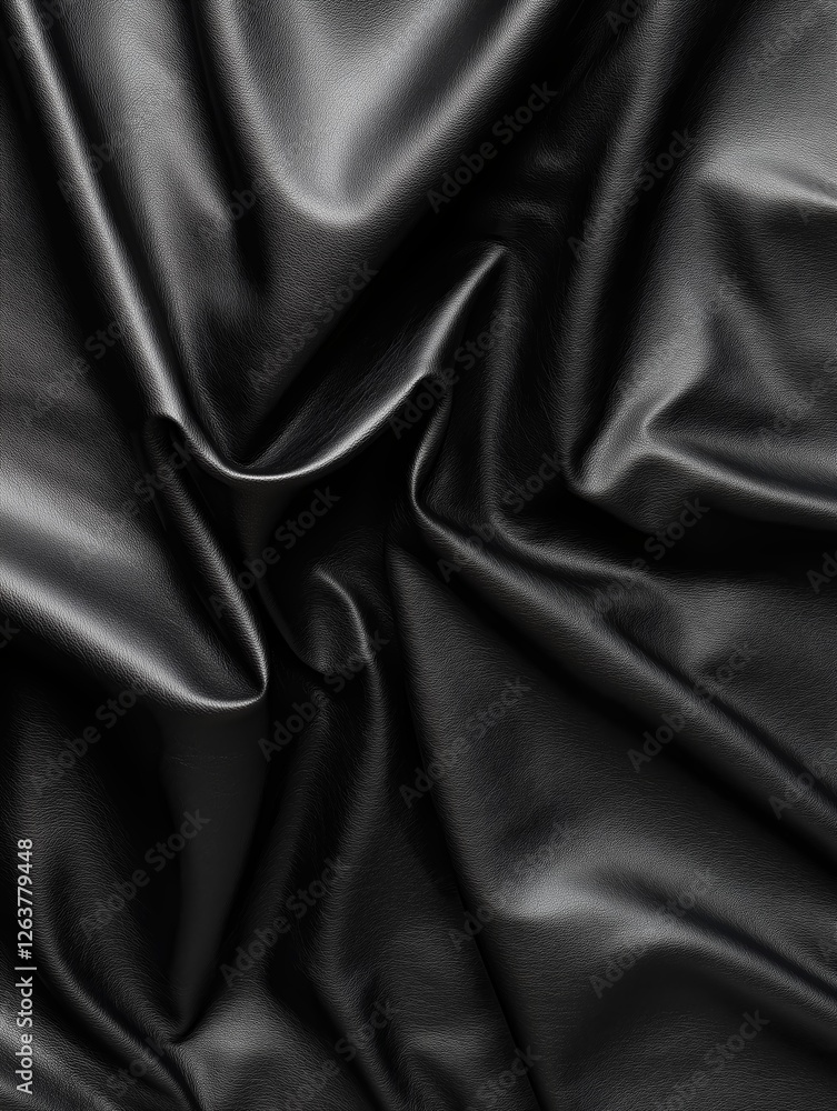 Fototapeta premium Close-up view of smooth black leather fabric showing intricate folds and texture in a soft light