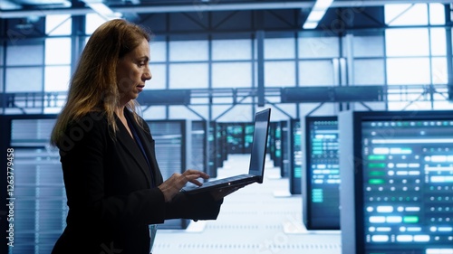 Woman walking in high tech facility, using laptop to patch network issues leading to slow data transfer rates. Employee in data center fixing errors affecting servers performance, camera A photo