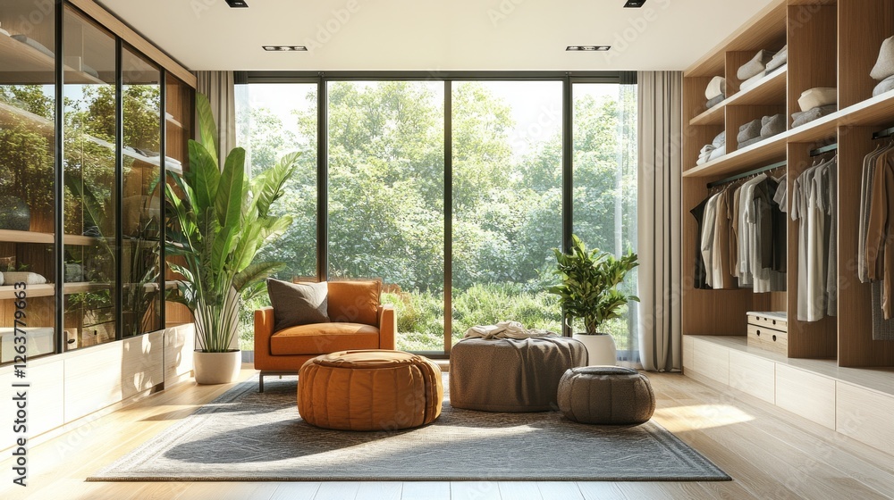 A stylish wardrobe area is illuminated by sunlight streaming through large windows, showcasing a comfortable seating area and neatly organized clothes against a lush backdrop of greenery. A stylish wardrobe area is illuminated by sunlight streaming through large windows, showcasing a comfortable seating area and neatly organized clothes against a lush backdrop of greenery.