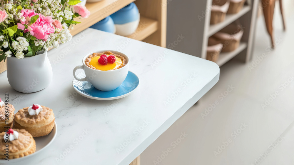 custom made wallpaper toronto digitalstylish cafe scene featuring mango tart in cup, surrounded by pastries and flowers, creating warm and inviting atmosphere