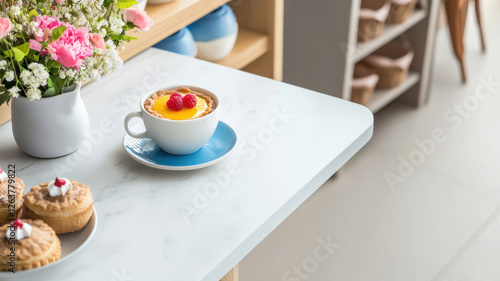 Wallpaper Mural stylish cafe scene featuring mango tart in cup, surrounded by pastries and flowers, creating warm and inviting atmosphere Torontodigital.ca