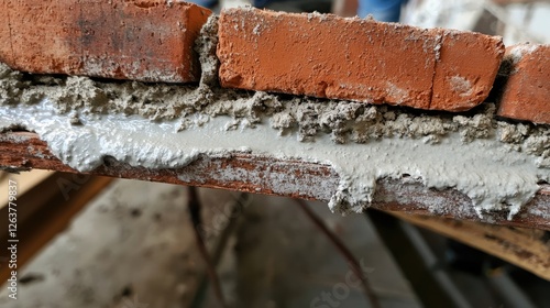 A close-up of a brick wall being built, showing cement layers between bricks. photo