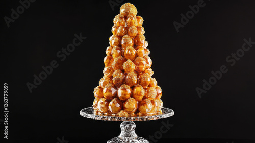 A towering croquembouche on a black background photo