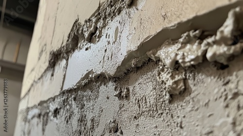 A close-up of a brick wall being built, showing cement layers between bricks. photo