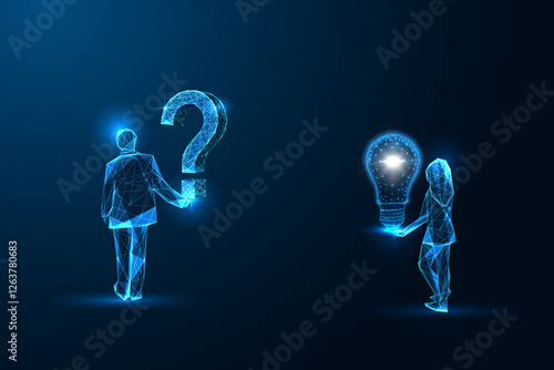 Quality Assurance QA concept with man holding question mark and woman holding glowing light bulb. 