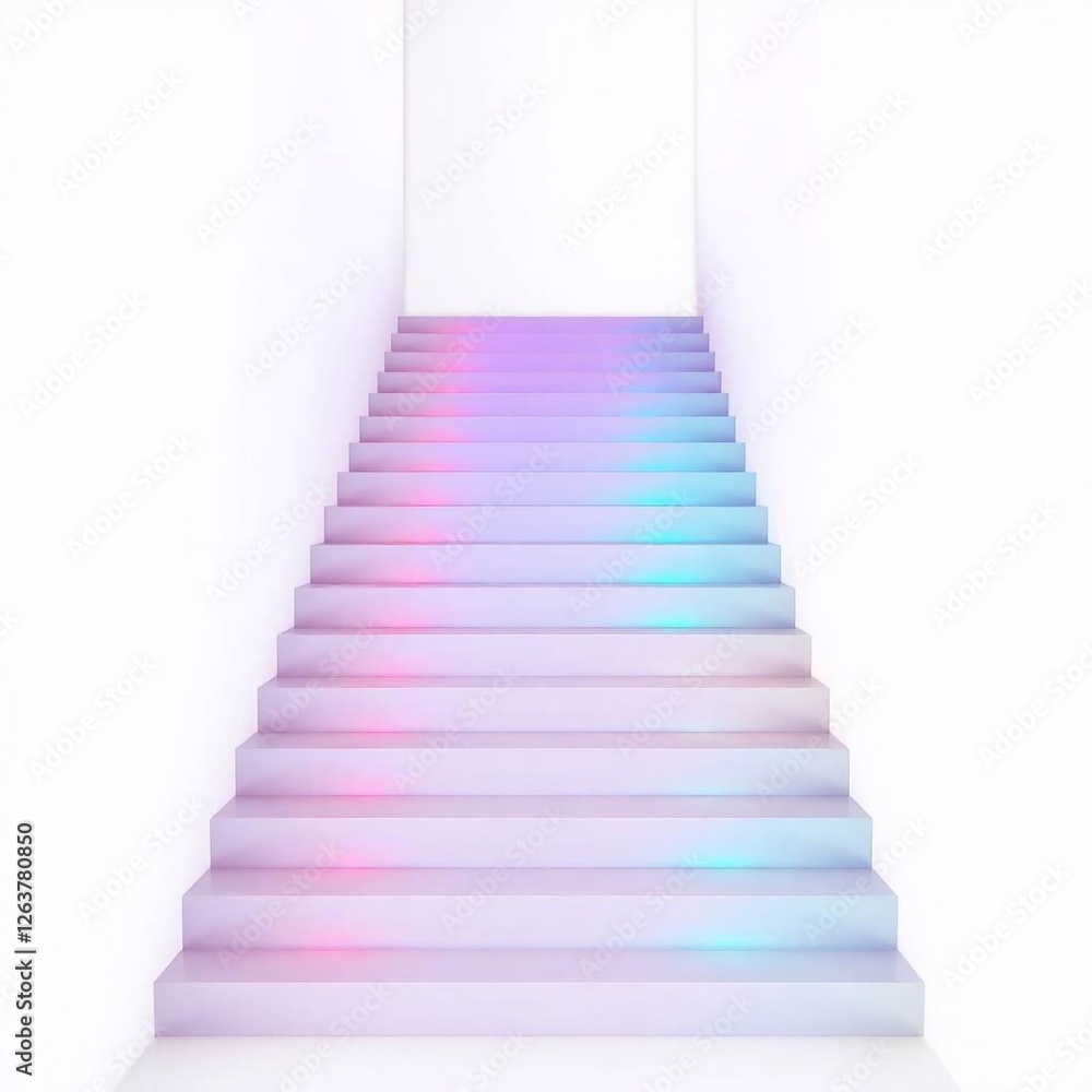Obraz premium An abstract, minimalist staircase ascends against a white background. Smooth iridescent color gradient transitions create a seamless blend. 