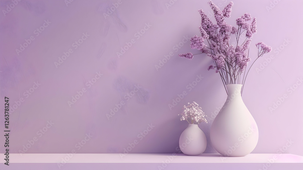 Obraz premium Elegant display of white vases with flowers against a soft purple background, perfect for home decor