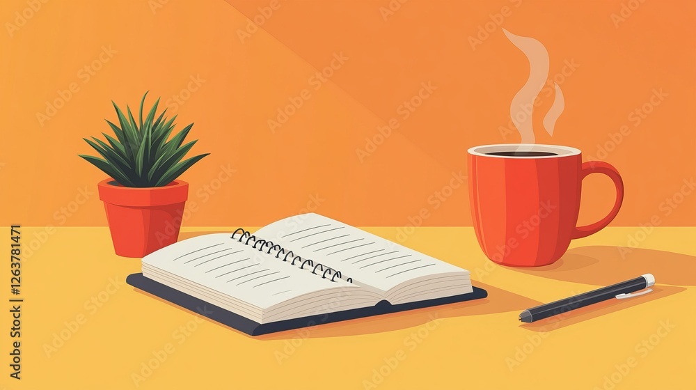 Cozy workspace with open notebook, coffee, plant, and pen on yellow desk. Cozy workspace with open notebook, coffee, plant, and pen on yellow desk.