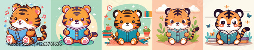 vector set of cute tigers reading a book