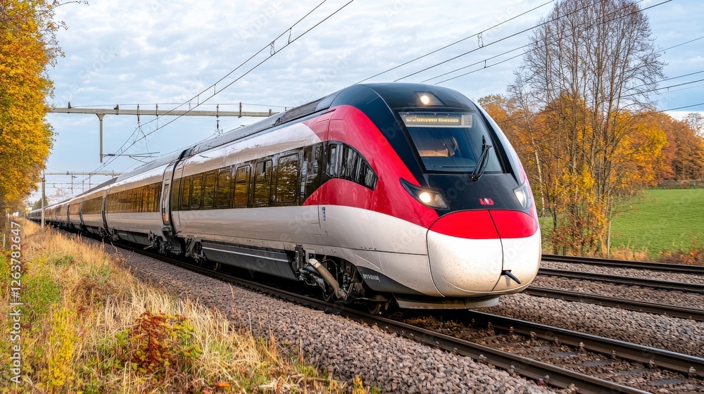 Fototapeta premium Modern High-Speed Train Traveling Through a Scenic Autumn Landscape in Europe