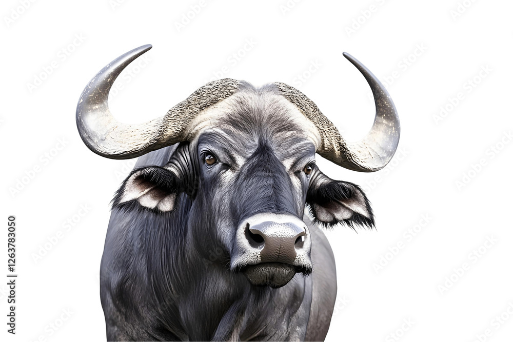 Naklejka premium African Buffalo Portrait: Majestic Horns, Dark Fur, Transparent Background