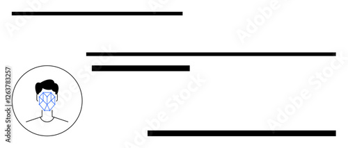 Human face outline with geometric recognition grid surrounded by horizontal data lines. Ideal for biometrics, AI, security, privacy, identity verification, tech innovation, abstract line flat
