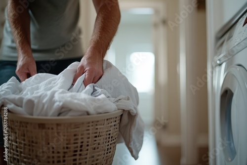 This image captures a person retrieving clothes from a laundry basket, emphasizing the daily routines and tasks associated with managing household chores and responsibilities. photo