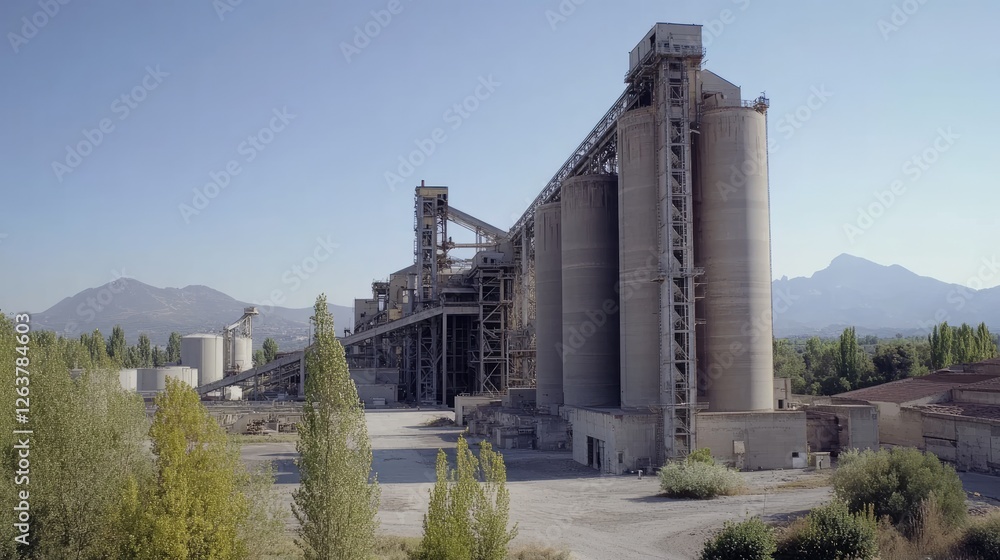 A high-tech cement processing plant with towering storage silos and kilns. A high-tech cement processing plant with towering storage silos and kilns.