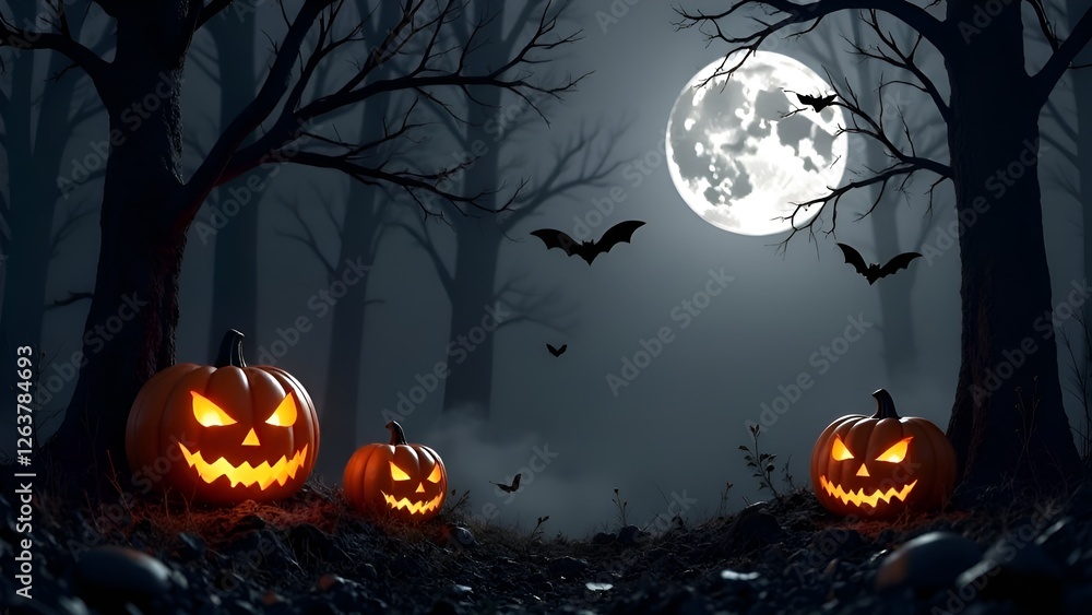 Frame for text Halloween spooky forest image, with color glowing jack-o-lanterns, and bats and moon in a haunted forest during a storm. copy space Frame for text Halloween spooky forest image, with color glowing jack-o-lanterns, and bats and moon in a haunted forest during a storm. copy space