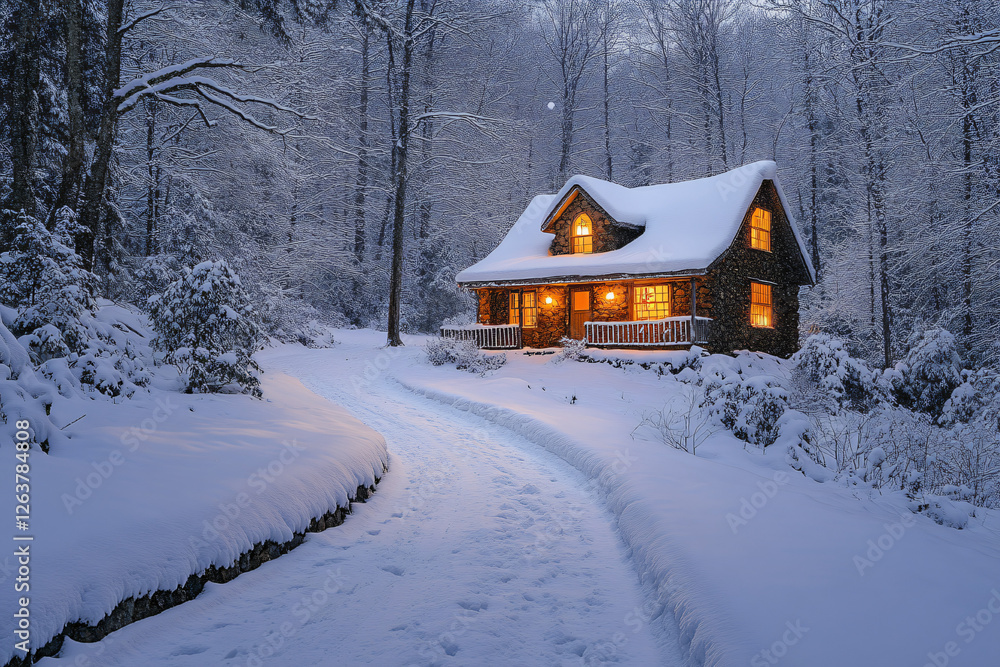 A cozy cabin nestled in a snowy forest, glowing warm lights create a serene atmosphere ideal for winter holidays, romantic getaways, or peaceful retreats. A cozy cabin nestled in a snowy forest, glowing warm lights create a serene atmosphere ideal for winter holidays, romantic getaways, or peaceful retreats.