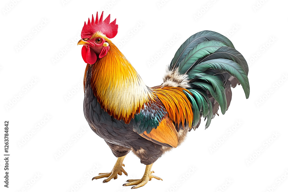 Fototapeta premium Rooster's Vibrant Plumage, Transparent Background. Stunning Bird with Colorful Feathers, Isolated Image.