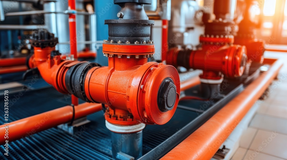 A large-capacity high-pressure water pump installed in a mechanical room with safety features. A large-capacity high-pressure water pump installed in a mechanical room with safety features.