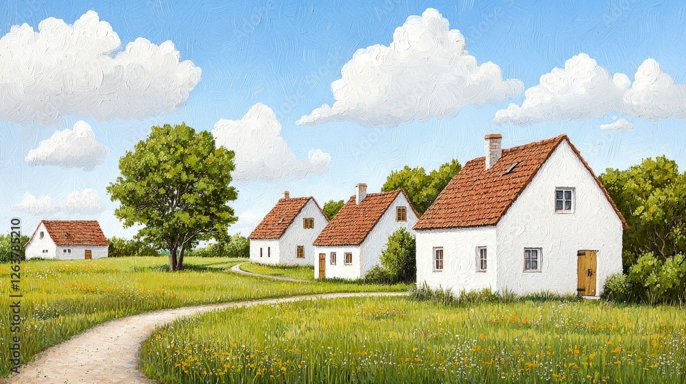 Charming White Houses in Lush Green Field with Blue Sky and Fluffy Clouds Charming White Houses in Lush Green Field with Blue Sky and Fluffy Clouds