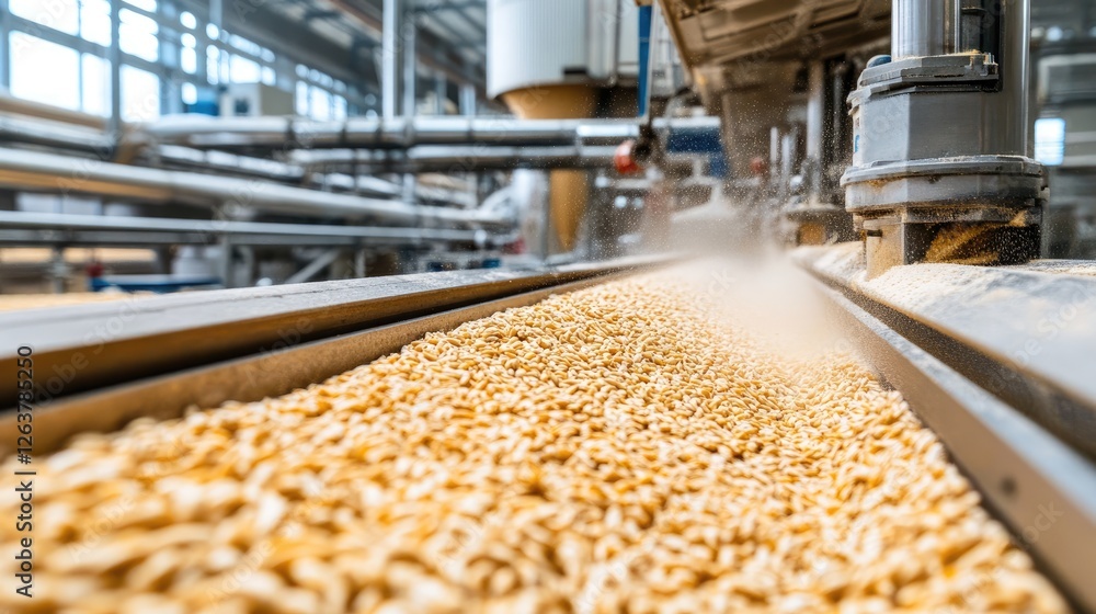 A large grain mill with wheat being ground into flour on industrial machinery. A large grain mill with wheat being ground into flour on industrial machinery.