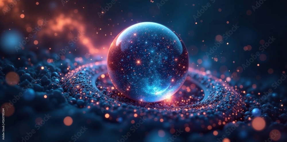 Abstract technology particles swirling around a holographic sphere in space, glow, orb, particle Abstract technology particles swirling around a holographic sphere in space, glow, orb, particle