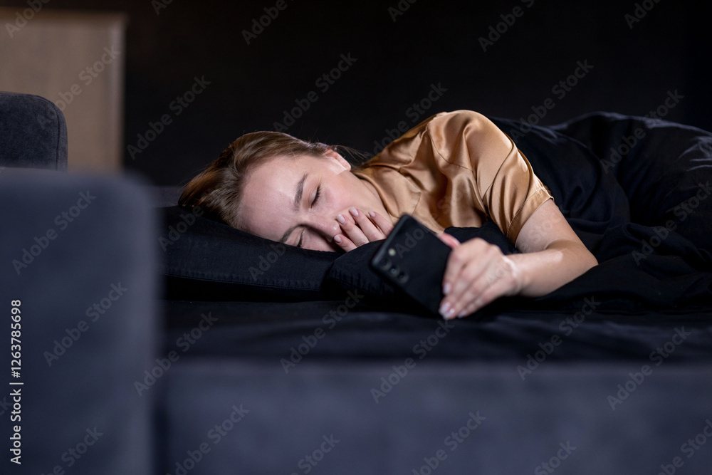 Happy female waking up and checking news on the mobile phone. Happy female waking up and checking news on the mobile phone.